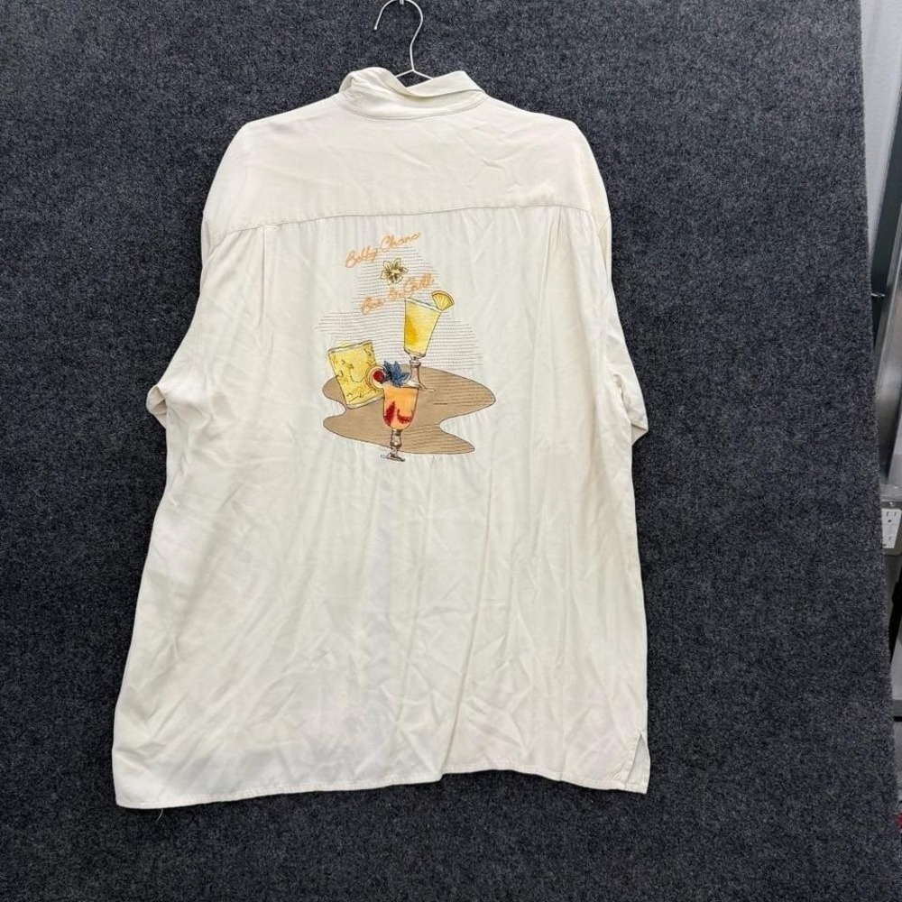 Bobby Chan Cocktail Graphic Hawaiian Shirt Men's XL Cream Embroidered